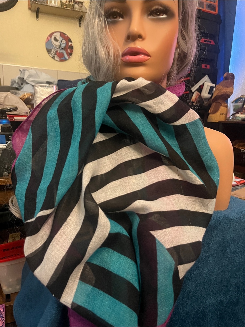 collection18 Striped Teal Black White Lightweight Women's scarf S25
